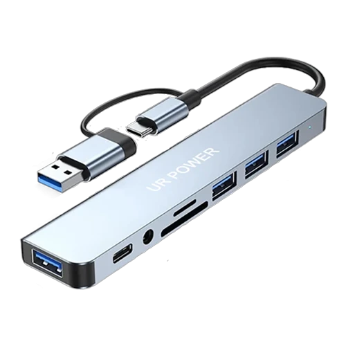 UR Power Hub 8-in-1 Dual Input UH81CR - 8 Ports Expansion - Dual Connector USB-A and USB-C 3.1 - High-Speed USB 3.0 Up to 5 Gbps - SD/TF Card Reader & 3.5mm Audio Jack - Universal Device and OS Compatibility - Gray