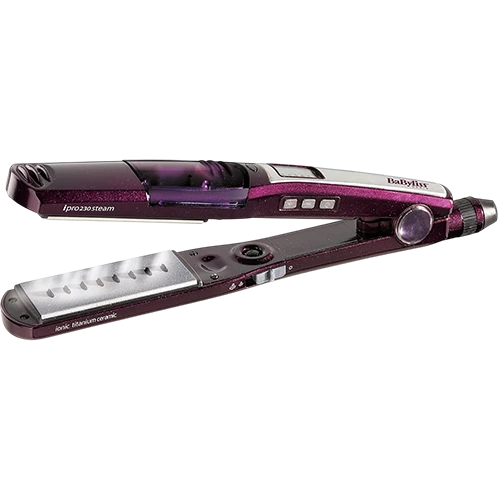 Babyliss ST395E Steam Straightener - 38mm Titanium-Ceramic Plates - 5 Digital Heat Settings - Retractable Detangling Combs - Ionic Frizz Control - Purple