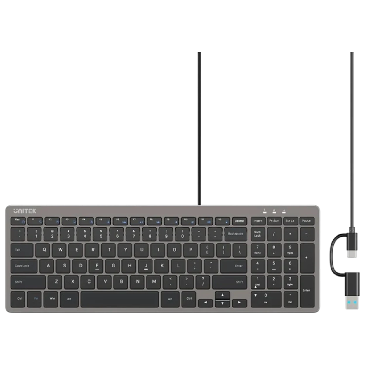 Unitek SlimTap Ultra Light Wired Keyboard T053AGY01 - USB-A and USB-C Connectivity - 99-Key Ultra-Slim Design - 1.5m Built-In Cable - Green LED Indicators - Ergonomic Raised Design - Space Grey