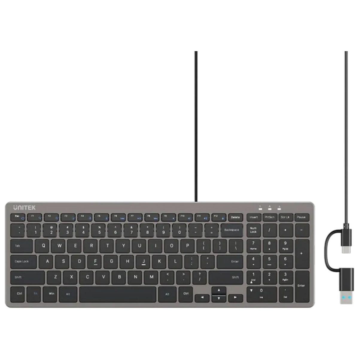 Unitek SlimTap Ultra Light Wired Keyboard T053AGY01 - USB-A and USB-C Connectivity - 99-Key Ultra-Slim Design - 1.5m Built-In Cable - Green LED Indicators - Ergonomic Raised Design - Space Grey