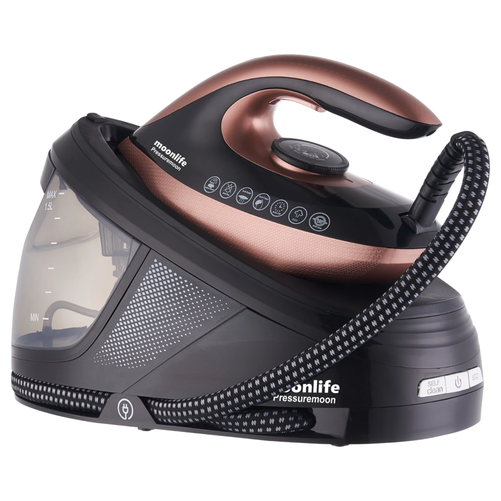 Moonlife Pressuremoon Steam Generator Iron MF915 - 3100W Power - 8 Bar Steam Pressure - 1.5L Detachable Water Tank - Ceramic Soleplate - Black/Chrome