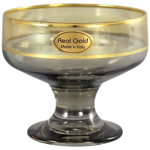 Art Décor Glass Model A5186 - Set of 6 Pieces  - Coppa River - Height 8 - Diameter 10 - Design “Two Color Amber/Smoke + Gold Thread” - Transparent Grey