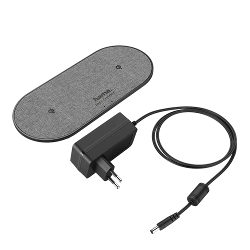 Hama QI-FC10 DUO Wireless Charger 188326 - 10W - Dual Charging Pads - Fast Charging Technology - LED Status Indicator - Safety Features - Grey