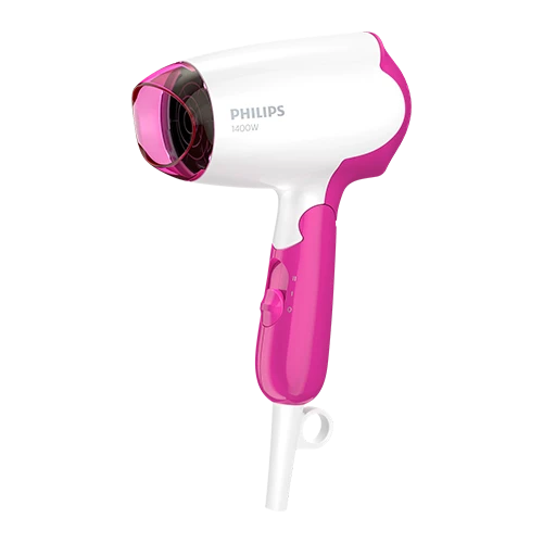 Philips BHD003/03 DryCare Essential Hair Dryer - 1400W Power - Foldable Handle - Narrow Concentrator Nozzle - Compact Travel Design - White / Pink