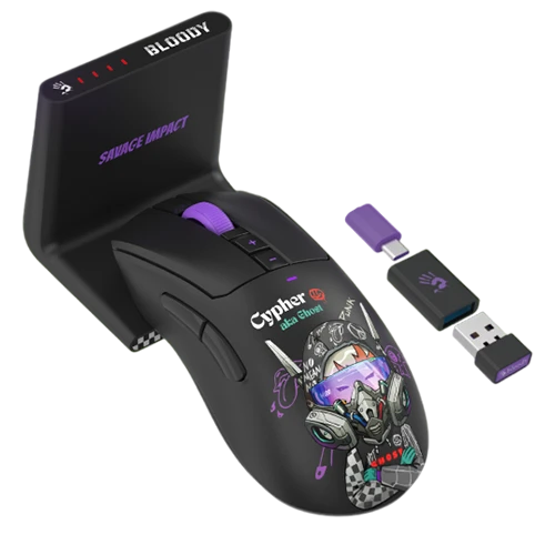 Bloody R73 Ultra Duo Dual Mode Wireless Gaming Mouse - 20,000 CPI - Wireless - Alpha 20K Engine - Cypher Ghost - Black