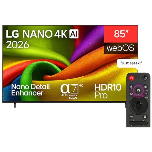 LG Nano 4K UHD AI NU85 Smart TV 2026 85 Inch 85NU850B6LA - Nano Cell 4K Display - Alpha 7 AI Processor 4K Gen9 - webOS & AI Hub - Magic Remote Control - HDR10 Pro Enhancement - Black