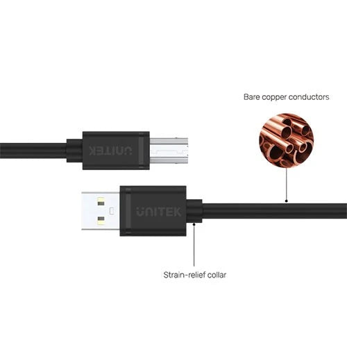 Unitek USB 2.0 to USB-B Cable - High-Speed Data Transfer - Versatile Compatibility - Black
