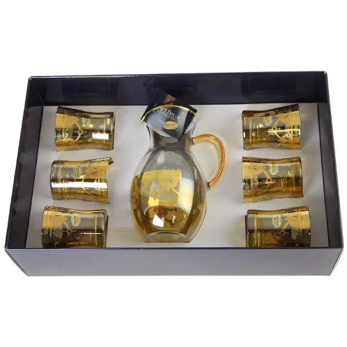 Art Décor Glass Model A294AB - Set of 7 Pieces - Donizetti Water - Glasses Height 10 and Diameter 8.3 cm - with Sirio Jug Height 24 and Diameter 12 cm with Capacity 1.5 Liters -  Design “Amalfi Ambra Oro” - Gold
