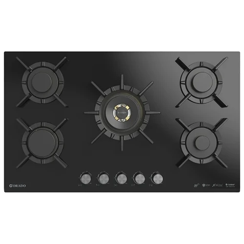 Orado Built-in Gas Hob 90 cm OR-ASTRA 950 GBH - Tempered Black Glass - 5 Italian SABAF Brass Burners - Flame Failure Safety - Cast Iron Pan Supports - Black + Free Gift: Orado Juicer ORCJ350