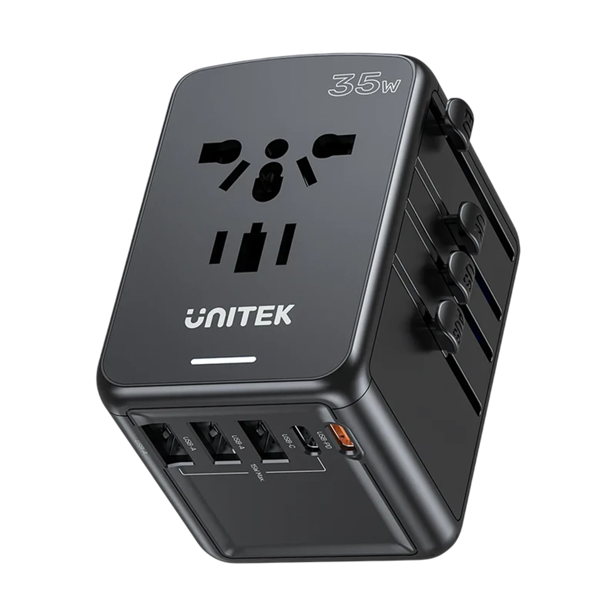 Unitek 35W Universal Travel Adapter P1121ABK - 35W High-Speed Charging - 2000W High Power AC Outlet - Global Compatibility - Compact & Travel-Friendly - Comprehensive Safety Protections - Dual Voltage Device Support - Black