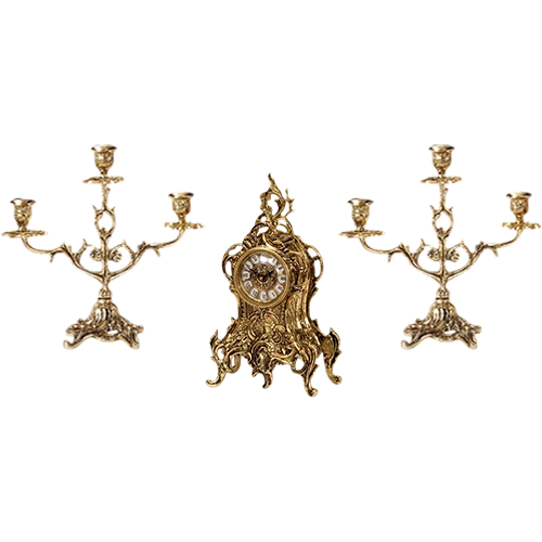 Virtus Antique Set of 3 Pieces - Pair of Candelabras Serpentin 4202 + Table Clock Ribbon Flowers 5062 - Gold
