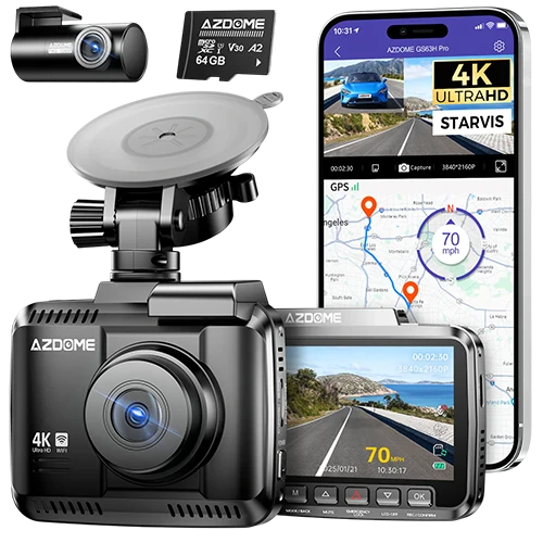 Azdome GS63H Pro 4K Dual Channel Dashcam - WiFi 6 - Built-in GPS - with 64GB microSD Card - Black