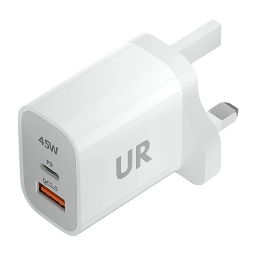 UR Power Dual Fast Wall Charger U45WCHR - 6 Layer Protection - Dual 45W and 18W Output - Safe and Stable - White