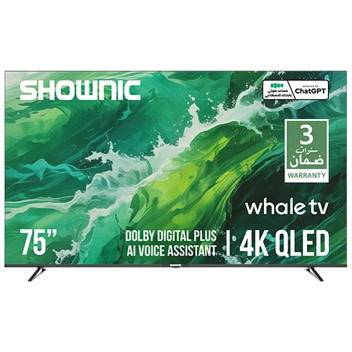 Shownic Smart TV TL-QWU75A - 75 Inch QLED Display - AI ChatGPT Voice Assistant - Dolby Digital Plus and Surround Sound - Whale TV 3 Smart Platform - Black