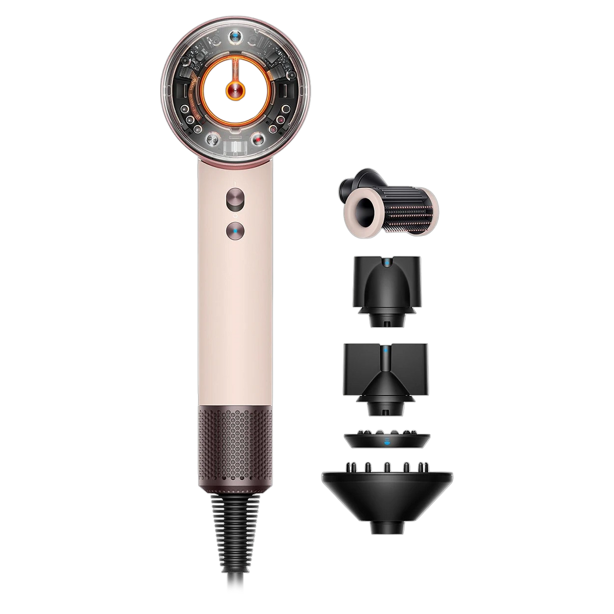 سشوار دايسون سوبرسونيك نيورال HD16 - محرك رقمي بقوة 1600 واط - تقنية Air Multiplier - بـ 3 سرعات و4 إعدادات لدرجة الحرارة - طقم ملحقات كامل من 6 قطع - وضع حماية ذكي لفروة الرأس - سيراميك وردي / ذهبي وردي
