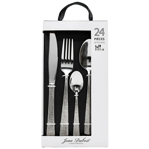 Jean Dubost Laguiole Strasse Stainless Steel Gift Box Flatware Set of 24 Pieces 6 Knives 6 Forks 6 Table Spoon 6 Teaspoon - Silver
