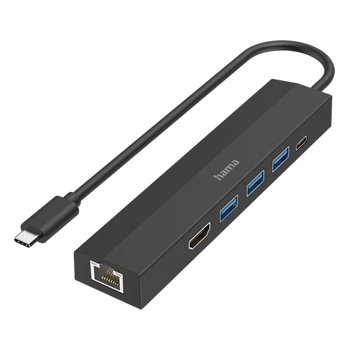 Hama 200144 USB-C Hub Multiport - 6-Port Expansion - 3× USB-A - 4K HDMI Output - 100W USB-C Power Delivery - High-Speed Data Transfer - Gigabit Ethernet - Black