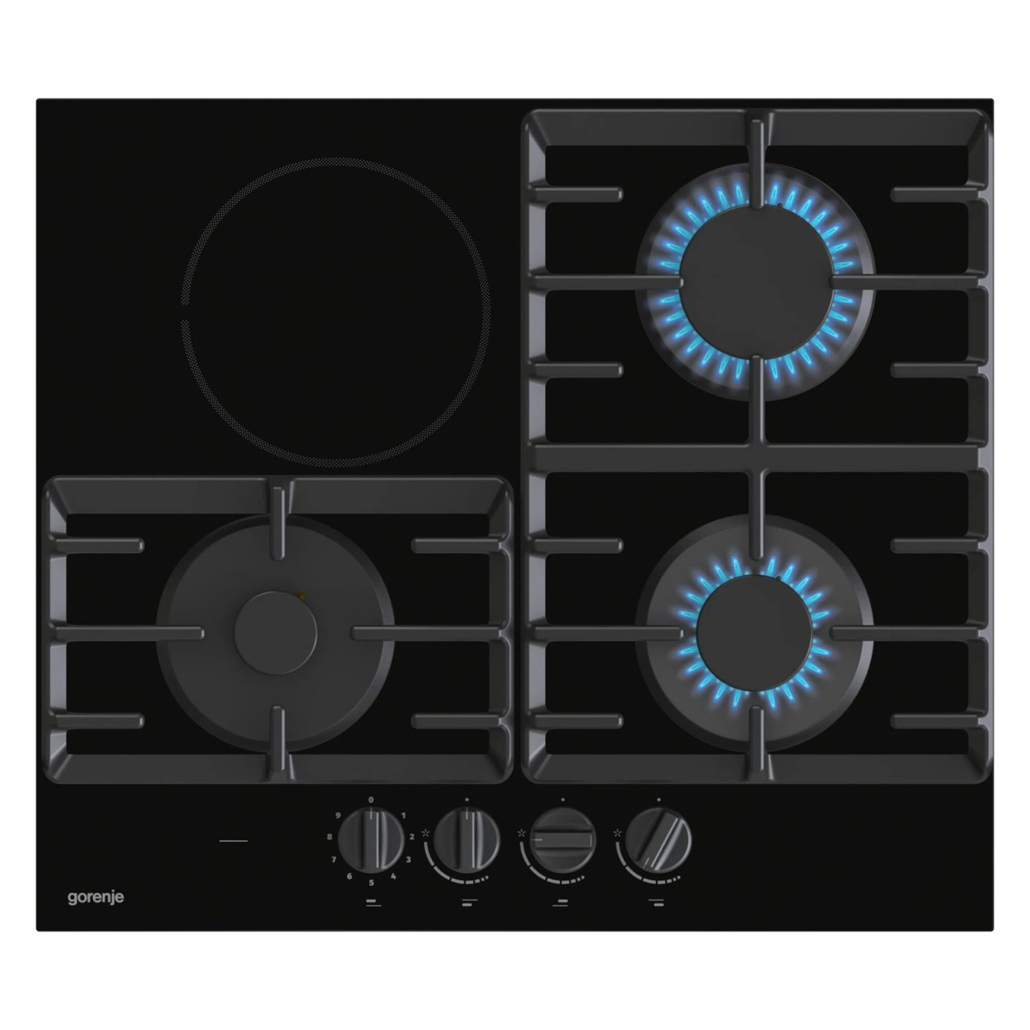 Gorenje Built in Combined Hob 60 cm GCE681BSC - Ergonomic Knobs - Cast Iron Grid - 3 Gas Burners & 1 HiLight Zone - Black