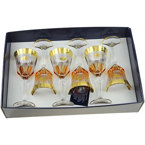Art Décor Glass Model - A4571 - Set of 6 Pieces - Acqua Adagio Design 02 Oro + Lance Ambra Transparent Stem - Orange