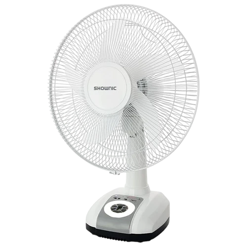 Shownic 16 inch Rechargeable Table Fan FE-D16CRW - 100% Copper Motor - Long-Lasting Battery - 9 Adjustable Speed Settings - 5 Blade Design & 180° Rotation - Solar and USB Charging - White