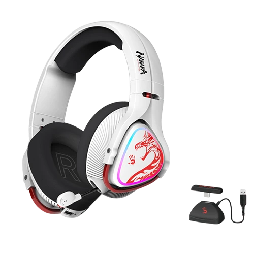 Bloody MR720 RGB Wireless Gaming Headset Naraka Edition - 2.4GHz/Bluetooth/3.5mm Wired - 65H Playtime - M.O.C.I. Hybrid Diaphragm - Ultra-Low Latency - Retractable Noise-Cancelling Mic - White