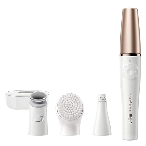 Braun FaceSpa Pro 911 BOX MN 3 in 1 Facial Hair Removal for Women Cleansing Brush and Skin Toning with 3 Extras - White/Bronze