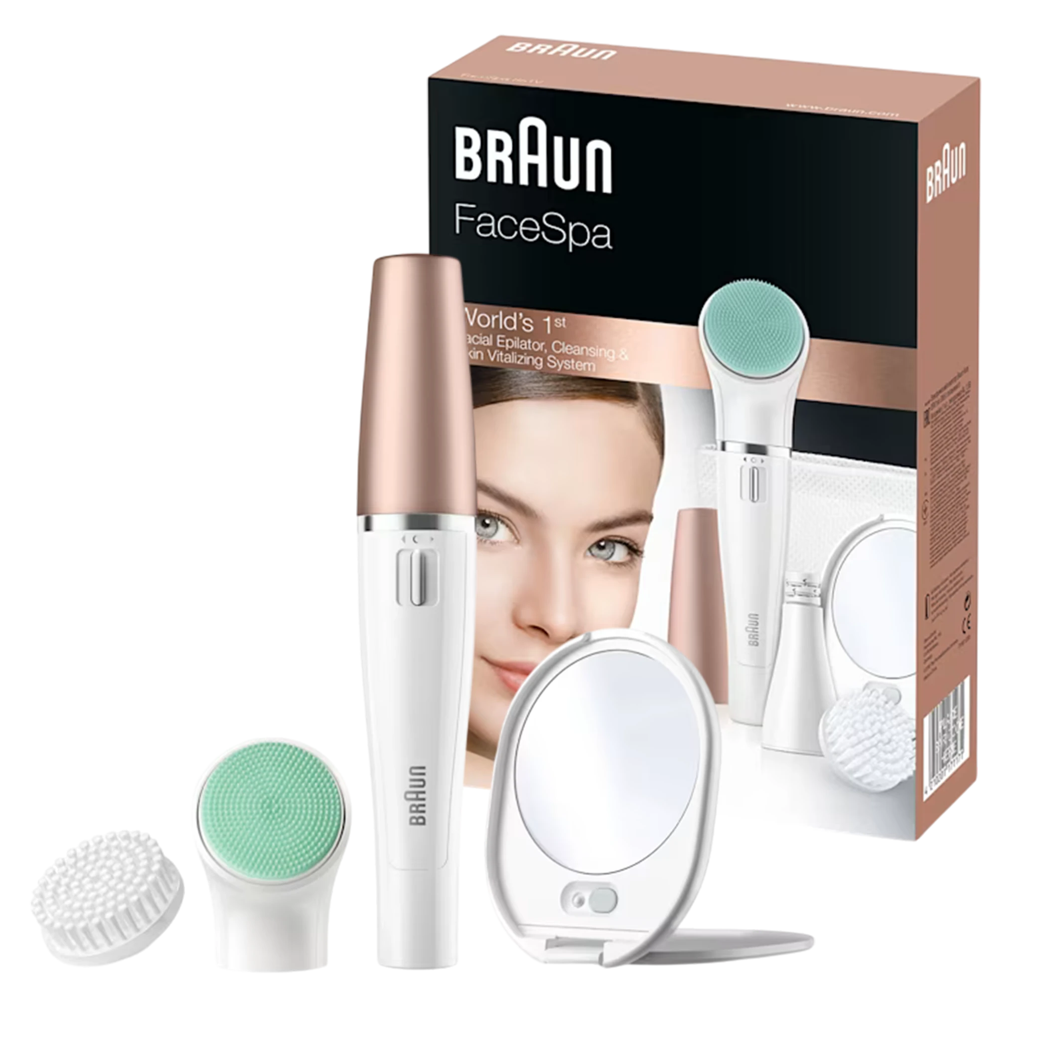 Braun FaceSpa Box 851V 3-In-1 Facial Epilating, Cleansing & Vitalization System with 5 Extras - White / Gold
