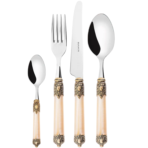 Bugatti Cutleries Rinascimento Gold Plated Ring RIDAM-W2450 - Set of 24 Pieces - 18/10 Stainless Steel - Ivory