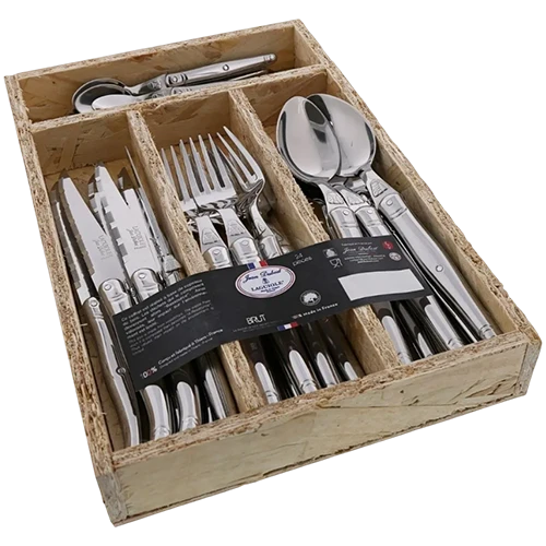 Jean Dubost Laguiole BRUT Range - 24 Piece Cutlery Set (6 Knife 1.2mm + 6 Fork 1.5mm + 6 Spoon 1.5mm + 6 Teaspoon 1.2mm) – Stainless Steel with ABS Handles in OSB Tray - Silver