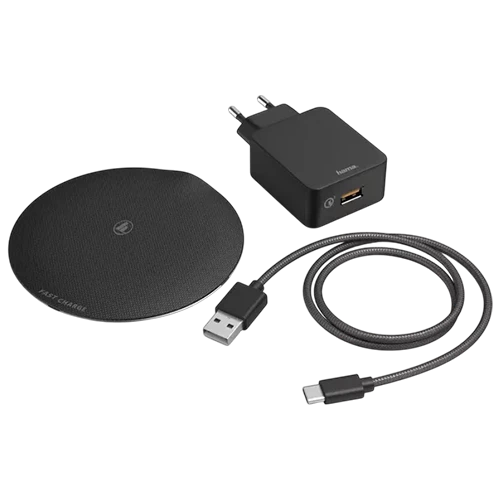 Hama FC15 Metal Wireless Charger Set 187263 - 15W - Qualcomm QC 3.0 Adapter - Premium Metal Housing - LED Indicator - Black