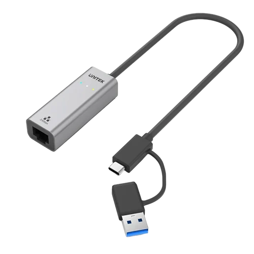 Unitek Hybrid USB-C / USB-A to Ethernet Adapter U1313C - 2.5 Gbps High-Speed Connection - Premium Aluminum Build - Cross-Platform Support - Space Grey