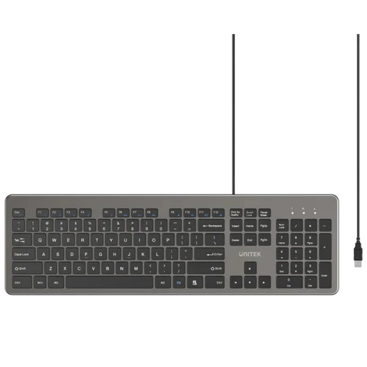 Unitek SlimTap 104-Key Wired Keyboard T052AGY01 - Ultra-Slim Design - 104-Key Full-Size Layout - Quiet Scissor-Switch Keys - Ergonomic Raised Design - USB-A Plug And Play Connectio - LED Status Indicators - Space Grey