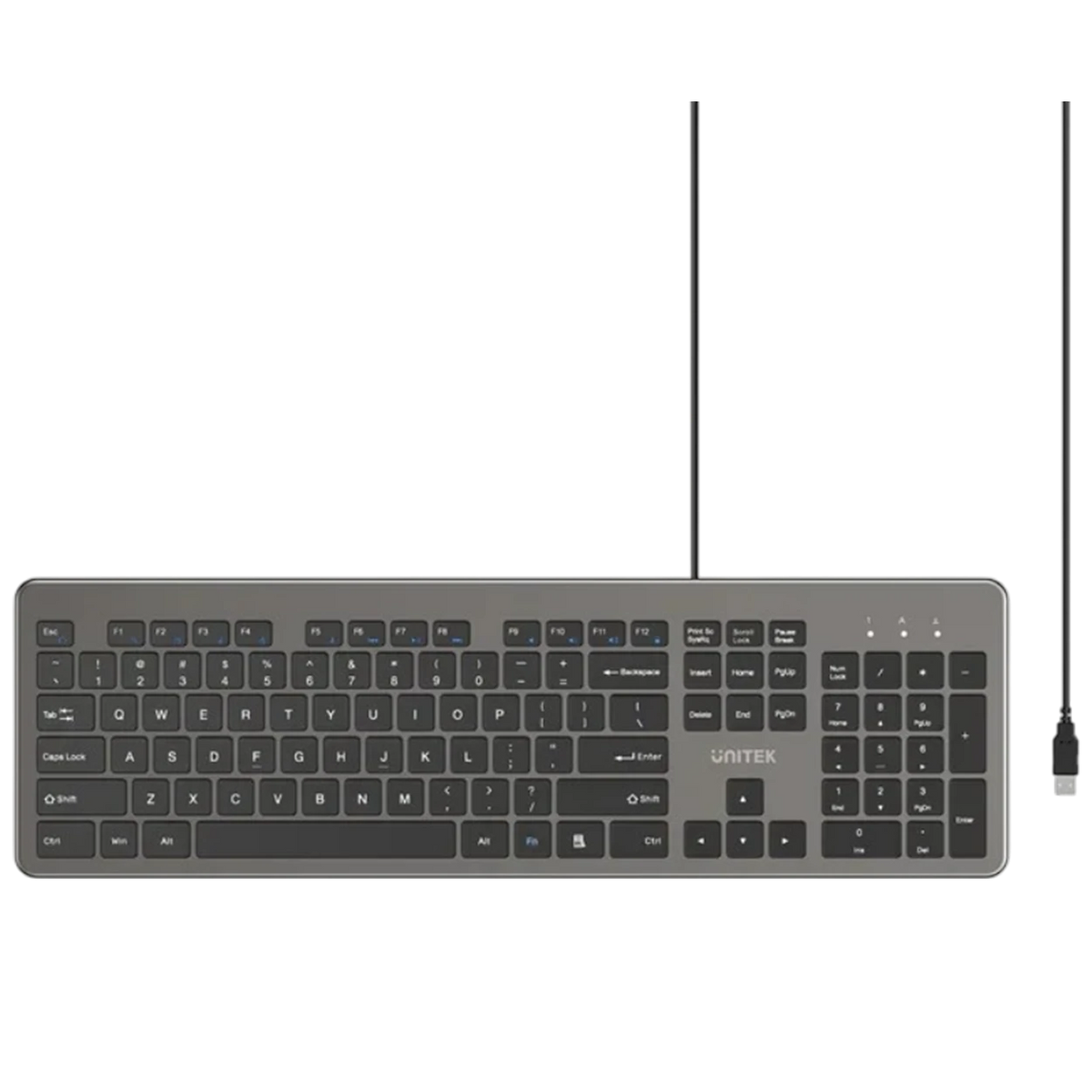 Unitek SlimTap 104-Key Wired Keyboard T052AGY01 - Ultra-Slim Design - 104-Key Full-Size Layout - Quiet Scissor-Switch Keys - Ergonomic Raised Design - USB-A Plug And Play Connectio - LED Status Indicators - Space Grey