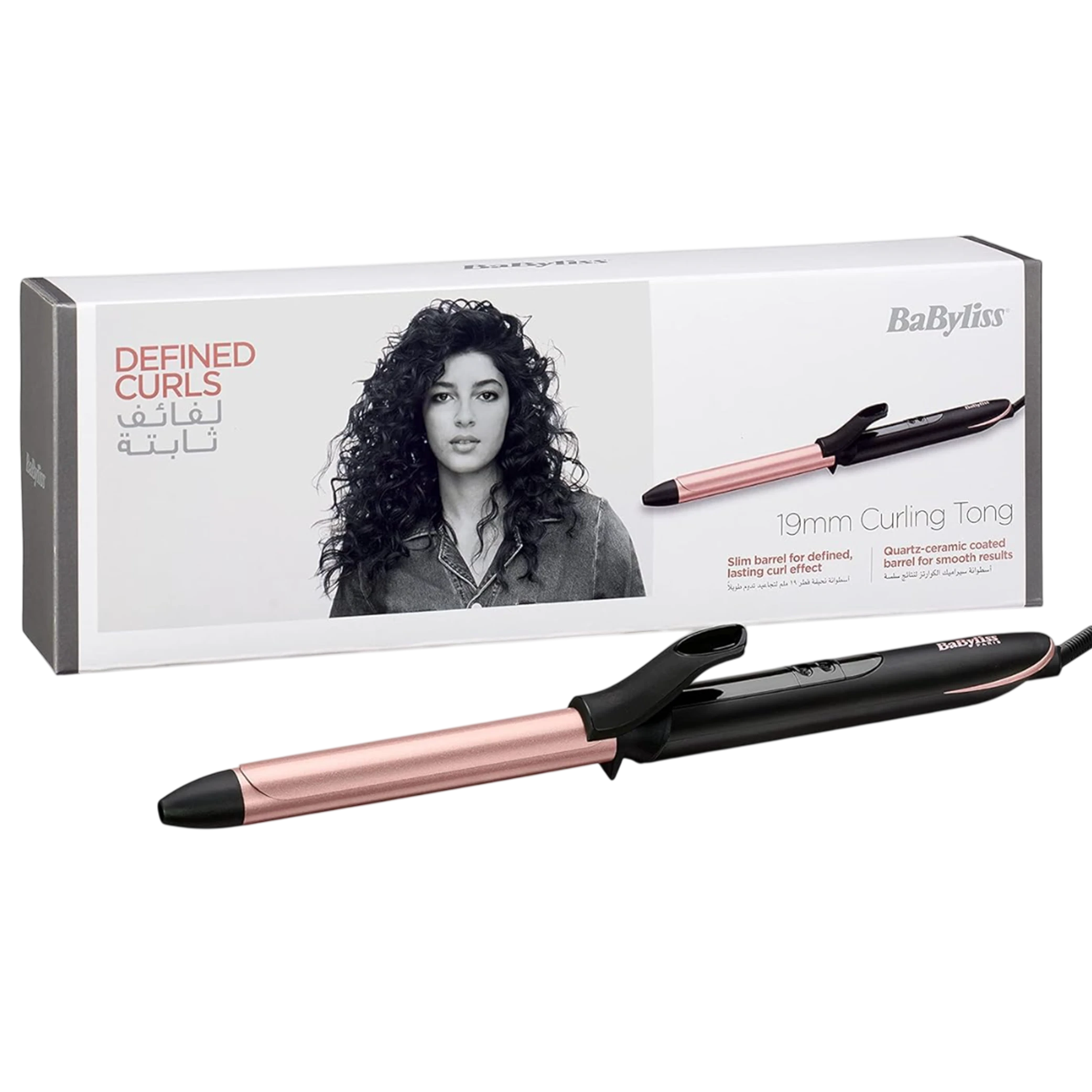 Babyliss C450SDE Curling Iron - 19MM Curling Tong - Advanced Ceramics - Non Ionic 2.5m Swivel Cord - LED -  6 Heat Temps - Black / Pink