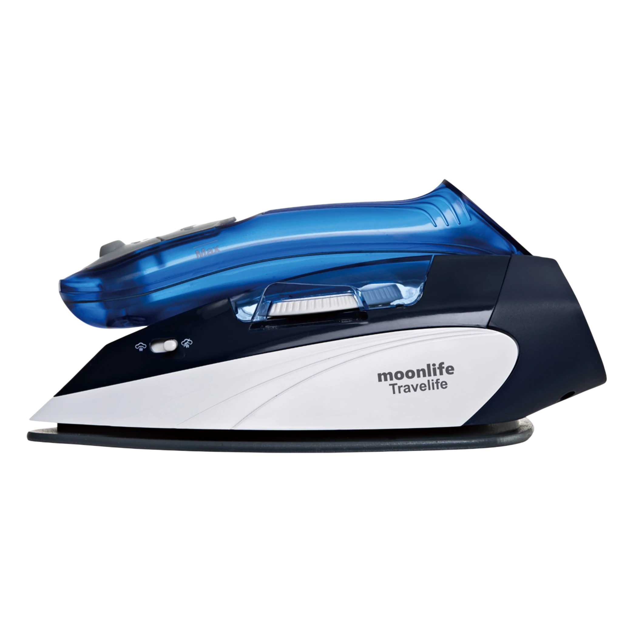 Moonlife Travelife Travel Iron MF916 - Ceramic Soleplate - Dual Voltage (110–220V) - Foldable Compact Design - Vertical Steam - Black/Blue