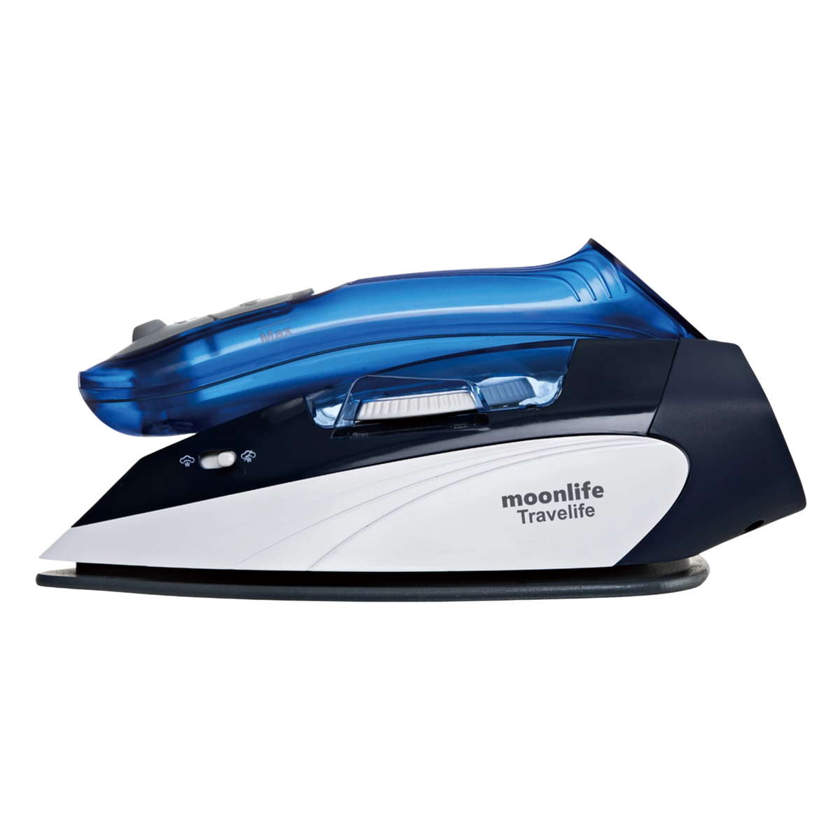 Moonlife Travelife Travel Iron MF916 - Ceramic Soleplate - Dual Voltage (110–220V) - Foldable Compact Design - Vertical Steam - Black/Blue