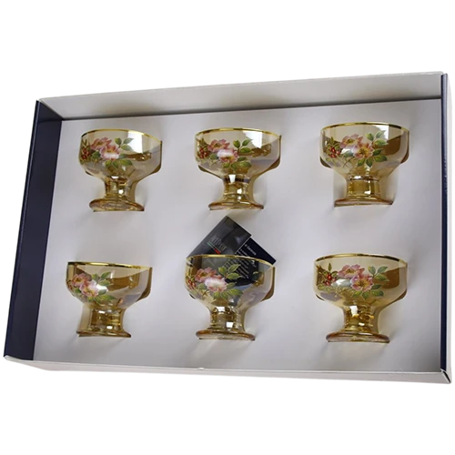 Art Décor Glass Model A4902 - Set of 6 Pieces - Coppa River - Height 8 - Diameter 10 - Design Rosa Canina - Transparent Gold
