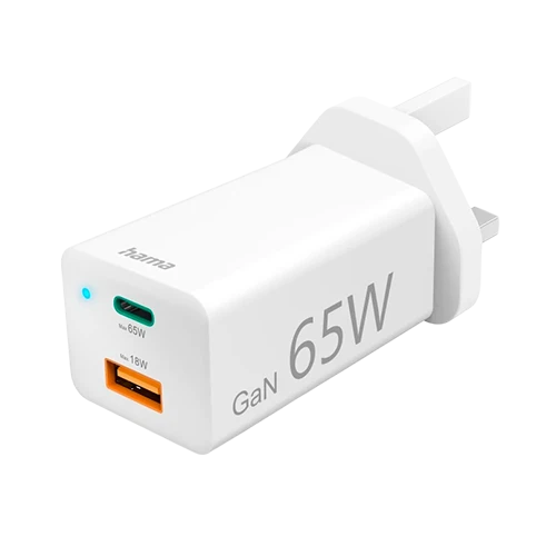 Hama Mini GaN Charger 73210293 - 65W - USB-C PD/QC - Safety Features - Portable Design - Global Compatibility - White