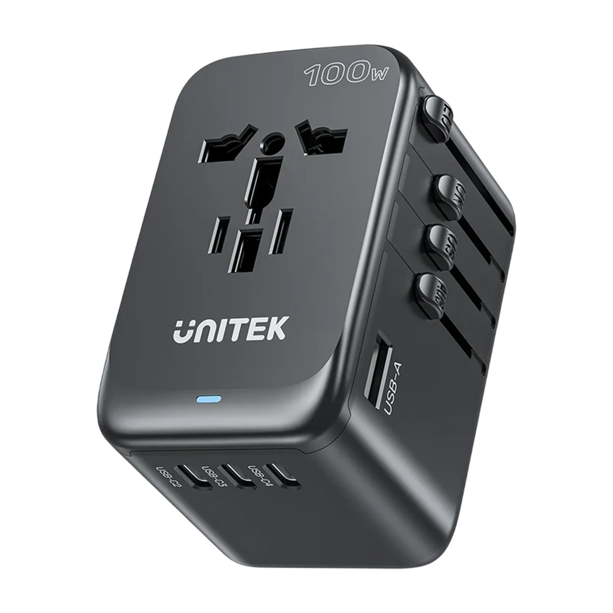 Unitek 100W Universal Travel Adapter P1123ABK - Advanced GaN Technology - 100W Ultra-Fast PD Charging - 5 in 1 Simultaneous Charging - Global Compatibility - Multi-Security Protection System - Black