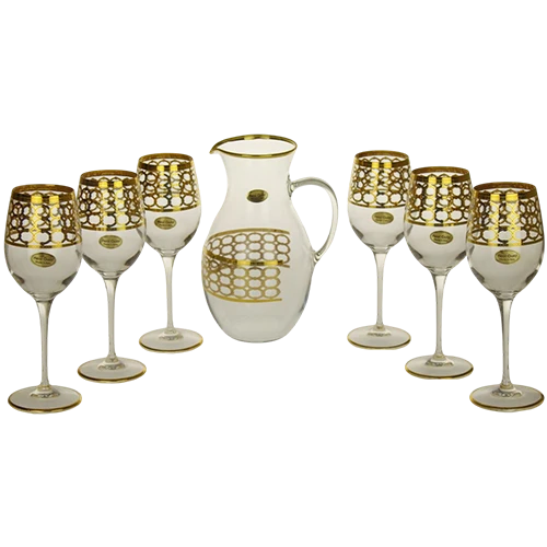 Art Décor Glass Model A5230 - Set of 7 Pieces - Acqua Premium - Glass Capacity 0.38 L - Brocca Sirio Height 24 - Diameter 12 - Capacity 1,5 L - Design "Athene Oro" - Transparent / Gold