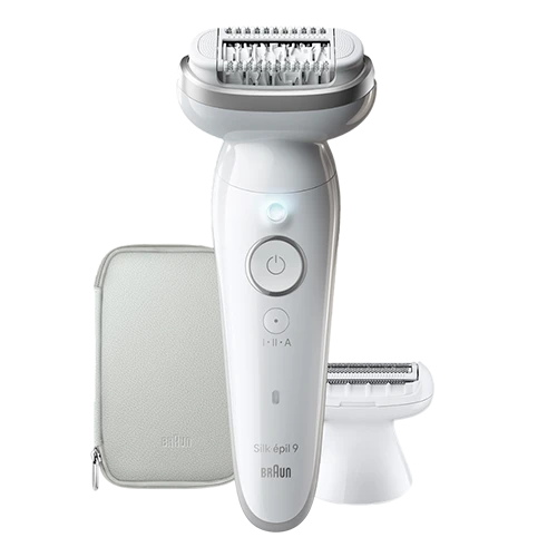Braun Silk-épil 9 LegEpil SES9-041 Silver Box MN - Wet & Dry Epilator - Wide Pivoting Head & MicroGrip Technology - Shaver & Trimmer Heads - SmartLight & Massage Roller Cap - White / Silver
