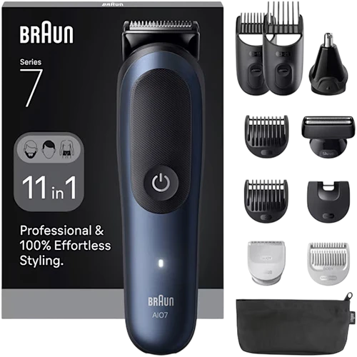 Braun All-in-One Trimmer Series 7 AIO7540 Box CEEMEA - 11-in-1 Grooming Kit with ProBlade, AutoSense, and SkinGuard for Head-to-Toe Styling - Black / Blue
