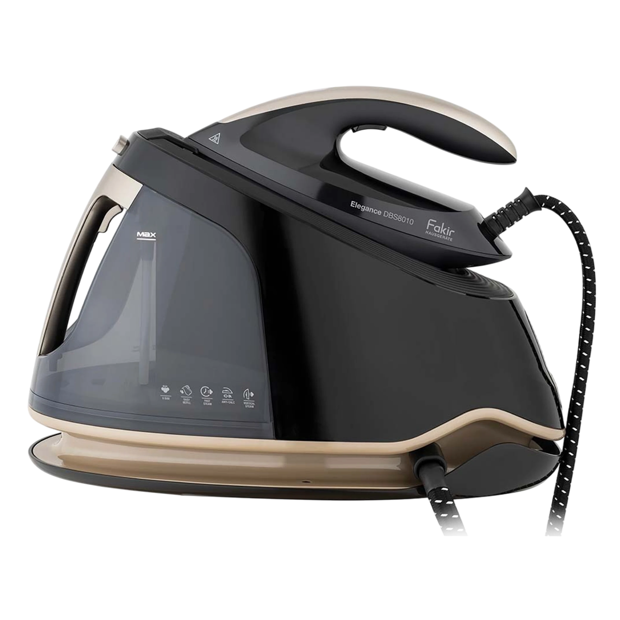 Fakir Steam Generator Iron Elegance DBS8010 - 3000W Power - 8 Bar Steam Pressure - 1.5L Water Tank - Ceramic Soleplate - Black/Gold