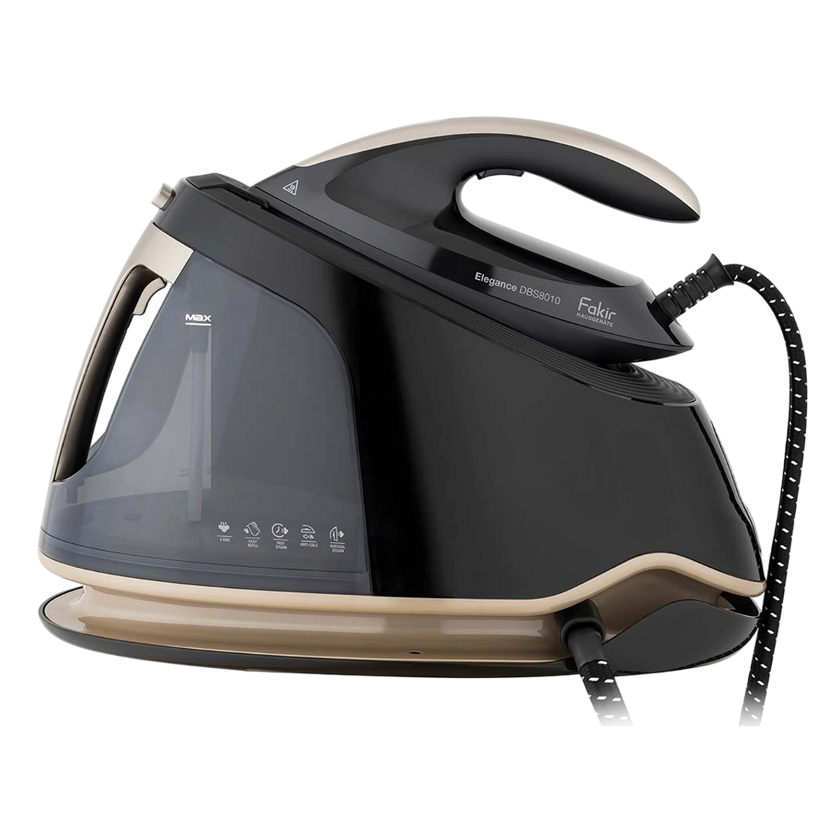 Fakir Steam Generator Iron Elegance DBS8010 - 3000W Power - 8 Bar Steam Pressure - 1.5L Water Tank - Ceramic Soleplate - Black/Gold