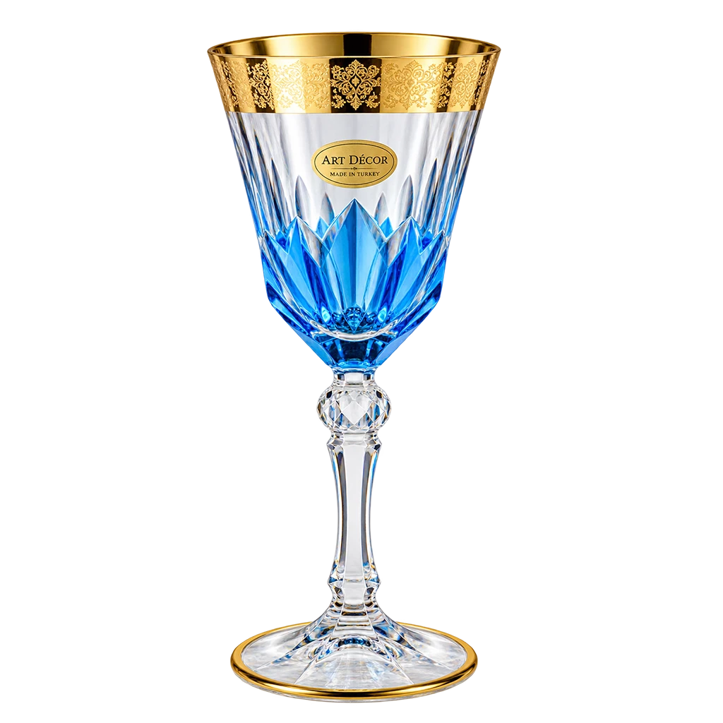 Art Décor Glasses Model A4581 Set of 6 Pieces - Acqua Adagio Design 02 ​​Gold + Blue Lances Transparent Stem - Blue