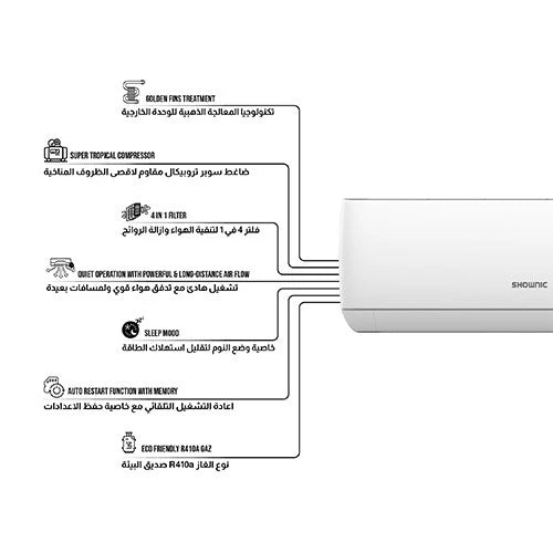 Shownic Wall Mounted Split Air Conditioner - Super Tropical Compressor - 4 in 1 Air Purification Filter - Turbo Modes - Sleep and Quiet Modes - 4 Way Automatic Air Distribution - White