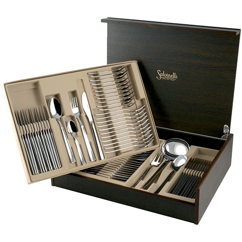 Salvinelli Model Olimpia BL75OL Cutleries Set of 75 Pieces with Wooden Case - Silver