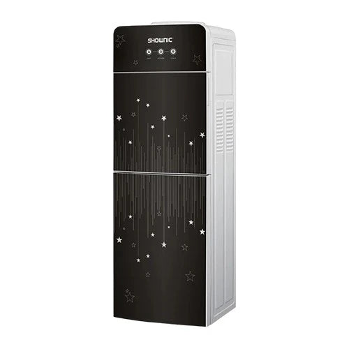 Shownic Water Dispenser with Refrigerator- Three Water Outlets- High Efficiency Compressor Cooling - Sleek Tempered Glass Design