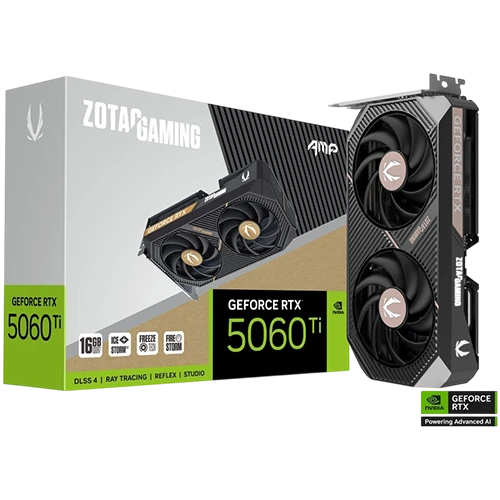 Zotac Gaming GeForce RTX 5060 Ti AMP Graphics Card PN-ZT-B50620F-10M - DLSS 4.0 16GB GDDR7 Memory - IceStorm 2.0 Cooling - Metal Backplate - Black