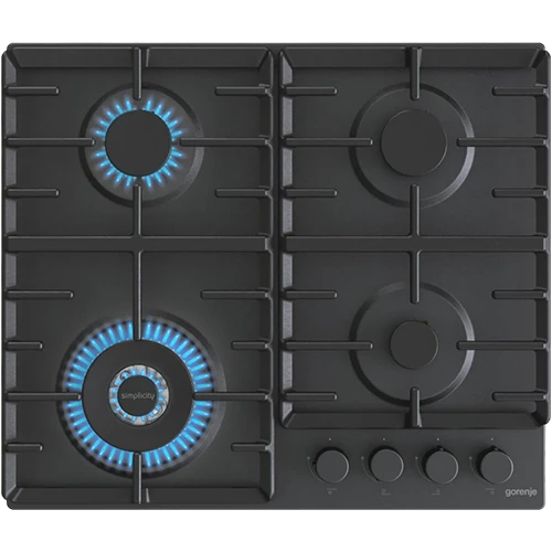 Gorenje Built in Gas Hob 60 cm GW642SYB - BigSurface Design - Cast Iron ProGrids -  Powerful Wok Burner - 4 Burners - Black